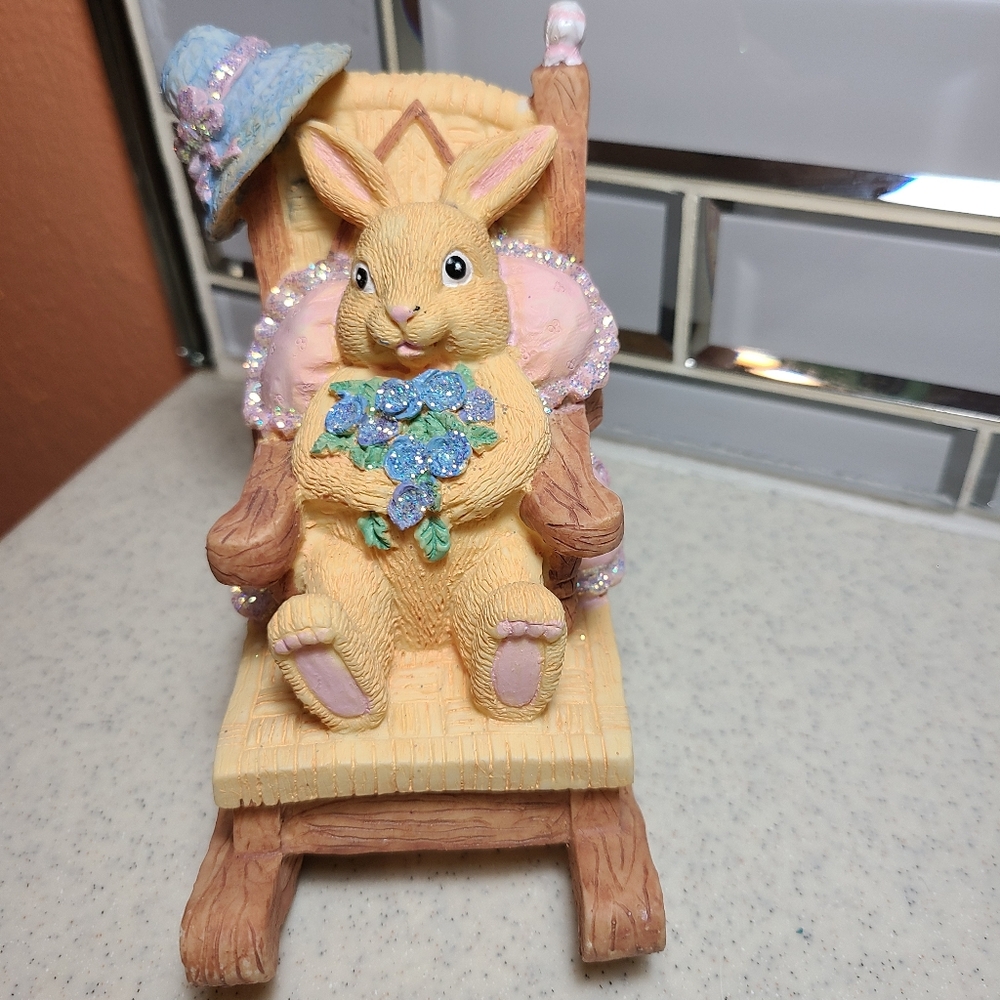 Adorable Bunny Figurine with Blue Flowers In Rockin Chair